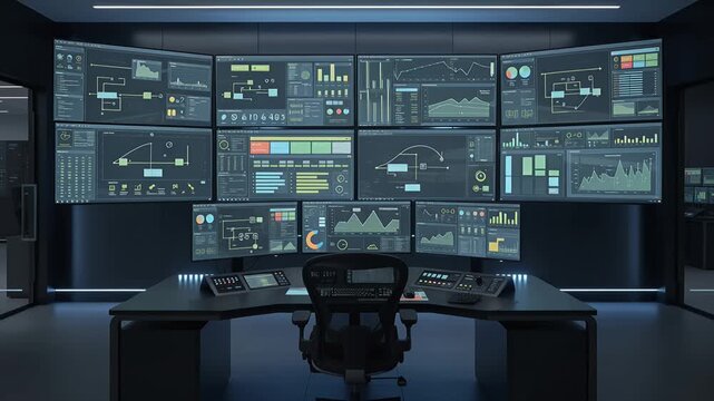 control room operator at futuristic command center with video walls