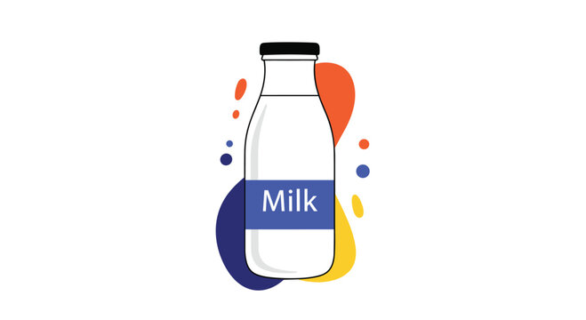 Glass bottle of fresh milk with a blue label against a modern background of abstract orange and blue organic shapes.