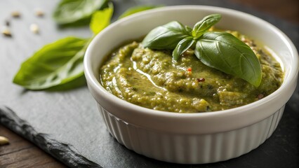 Tight macro close-up of creamy pesto sauce in small bowl with visible basil, parmesan, pine nuts, on dark stone for contrast
