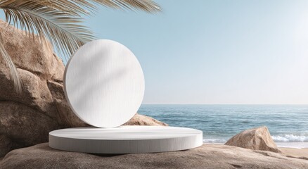 Obraz premium A serene coastal scene featuring minimalist circular platforms on rocky shorelines with ocean waves and palm leaves in the background.
