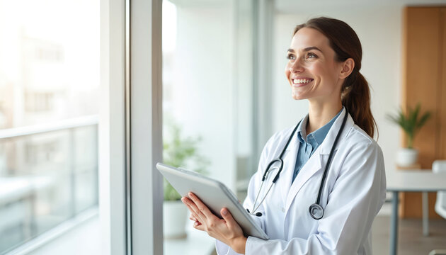 Woman doctor smiles holding tablet device. She wears white coat with stethoscope. Minimalist clinic room has big window. Healthcare professional looks happy and confident.