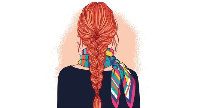 Close up back view of a woman with long red hair braided into a thick plait wearing a colorful patterned scarf.