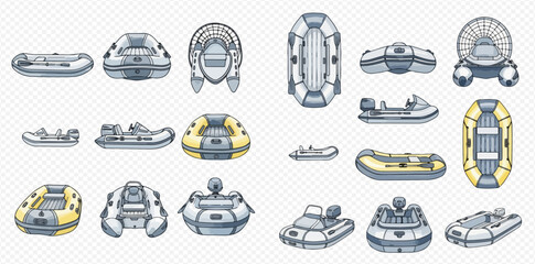 Set of inflatable boats for water recreation and fishing, various types and sizes of rubber dinghies for outdoor activities. © studio