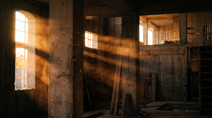 Sunlight rays illuminating dust in unfinished concrete building interior