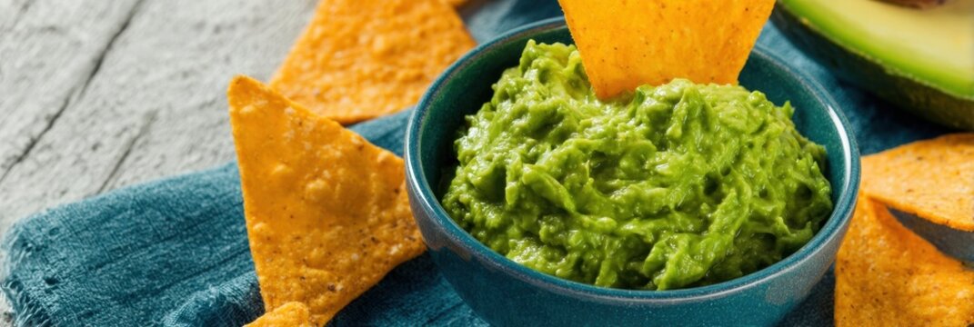 Fresh guacamole dip served in a bowl with corn tortilla chips on a wooden table, healthy avocado snack for food blogging and restaurant menu marketing with copy space