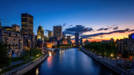 Fototapeta premium Modern city skyscrapers lining a river at sunset with blue hour reflections on the water, urban infrastructure and downtown skyline for travel and real estate