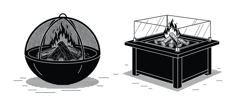 Modern fire pit vector illustration featuring round bowl and square glass heater