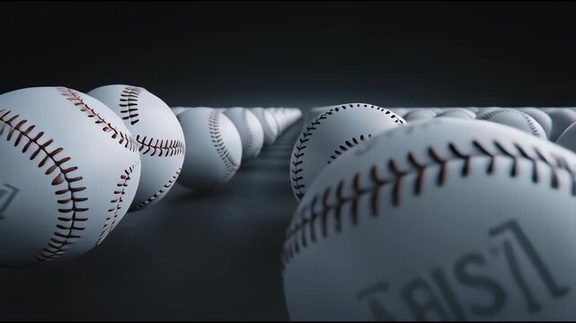 Close-up of baseballs lined up in perspective on a dark surface with black background.