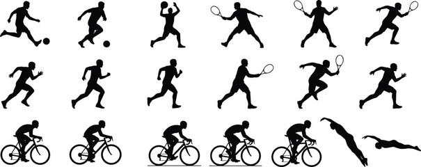 Large collection of black sports silhouettes including soccer players tennis athletes runners cyclists and swimmers isolated on white background for active lifestyle design projects. © MdHasmot