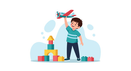 Fototapeta premium Happy young boy plays on the floor with colorful building blocks and a red toy airplane while imagining a fun adventure.