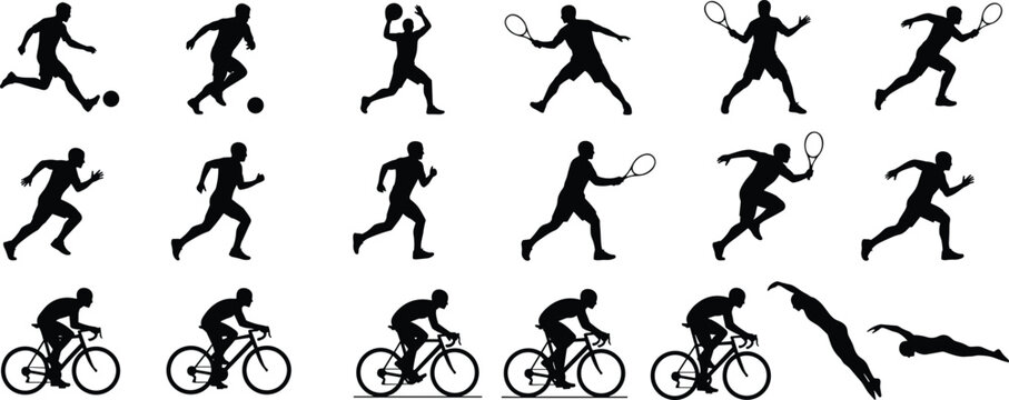 Large collection of black sports silhouettes including soccer players tennis athletes runners cyclists and swimmers isolated on white background for active lifestyle design projects.