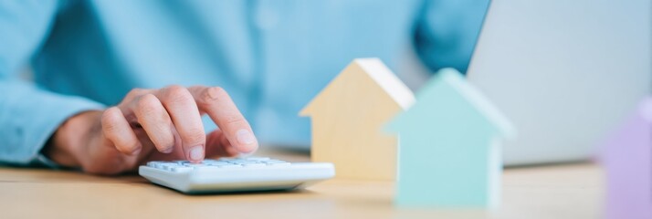 Close up of male hand using a calculator near wooden house models and laptop to analyze mortgage payments, home refinance strategy, and property investment costs