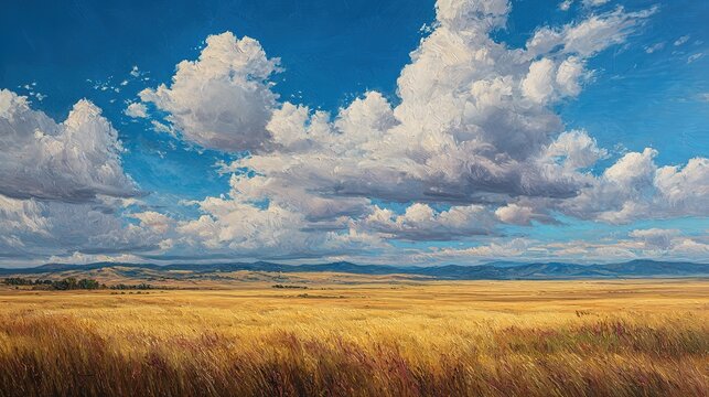 Vast yellow prairie oil painting with blue sky and white clouds infinite expanse low angle view hyper realistic details high resolution large picture