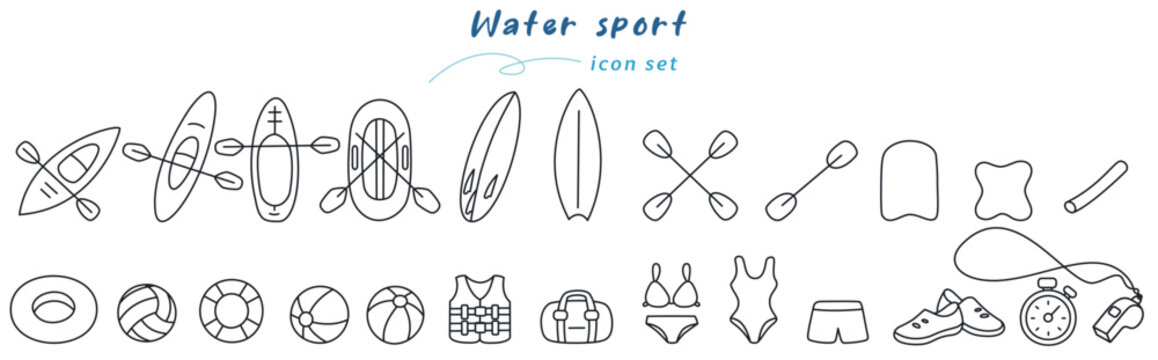 Water sport icon set features various symbols representing activities like kayaking, surfing, and swimming. This collection showcases essential gear and equipment for water enthusiasts
