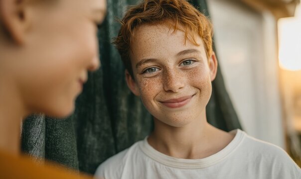 Teenage boy with freckles smiling at his sister during a summer family gathering, close up portrait of happy youth for lifestyle and holiday advertising