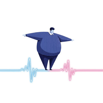 Overweight man balancing on a line between two heartbeats, symbolizing health and lifestyle choices