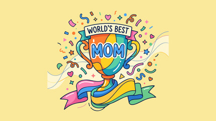 Fototapeta premium Colorful 'World's Best Mom' trophy illustration with confetti and ribbons on a yellow background, celebrating motherhood and appreciation.