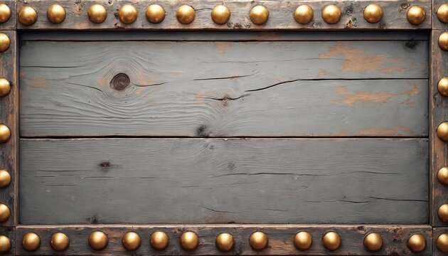 Distressed grey wood planks with ornate golden stud border. Offers textured natural material surface for design. Aged wood frames copy space for text.