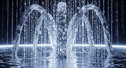 Fototapeta premium Digital fountain with glowing binary code streams splashing in a dark futuristic environment
