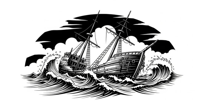 Ship in a Storm - A Vintage Illustration of a Vessel Battling Rough Seas.