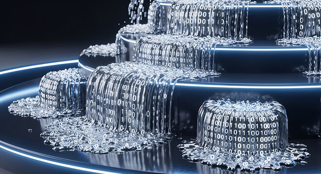 Abstract digital data waterfall with blue binary code streaming down circular tiers technology concept