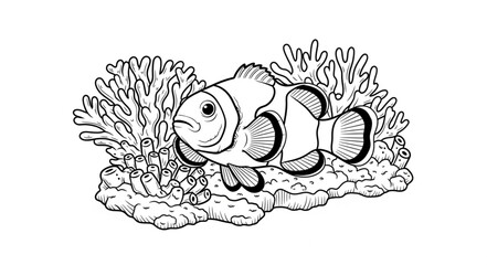 Detailed Clownfish Illustration Amidst Coral Reef, Black and White. © Abu