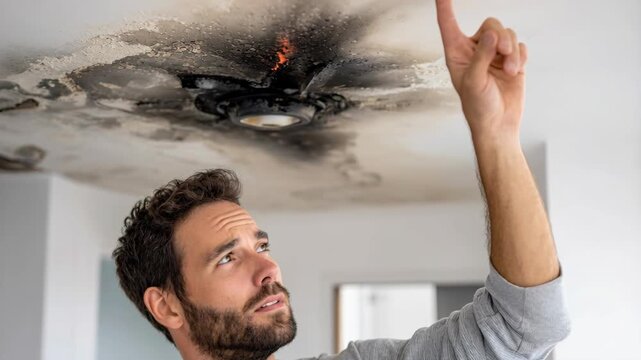 Man inspects a damaged ceiling with visible water stains and mold near a recessed light fixture.