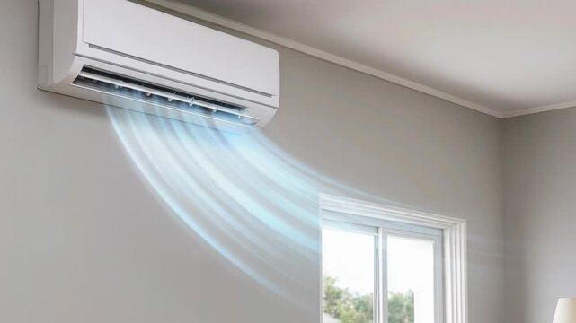 Modern wall mounted air conditioner unit blowing refreshing cool air streams in a bright room.