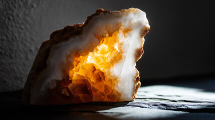 Obraz premium density. Macro view of a rough geode core in a polished shell on dark slate, dramatic side lighting. STEM education sheets.