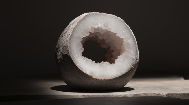 density. Macro view of a rough geode core in a polished shell on dark slate, dramatic side lighting. STEM education sheets.