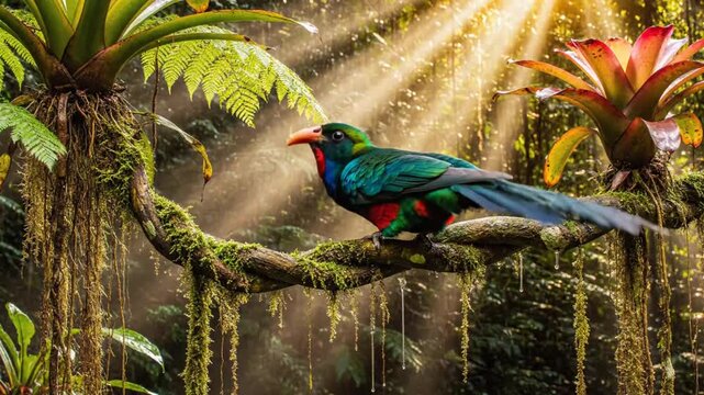 Exotic Colorful Bird Perched on a Mossy Branch in Sunlit Rainforest