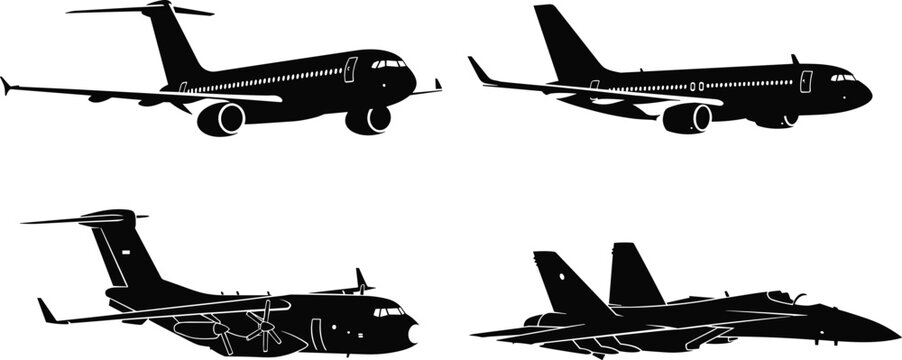 Aircraft silhouettes collection featuring passenger airplane, cargo aircraft and fighter jet isolated on light background for aviation design, transportation illustration and travel graphics