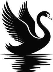 Fototapeta premium Elegant black swan silhouette vector illustration with open wings and water reflection isolated on white background for luxury logo design