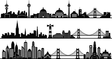 Obraz premium Black silhouette illustration of diverse city skylines with skyscrapers, domed buildings, towers, and suspension bridges for urban architecture, infrastructure, and design projects