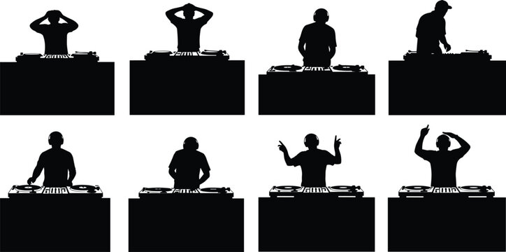Black silhouette illustration of eight DJs with headphones performing behind booths using turntables and mixers for music, nightlife, and entertainment design projects