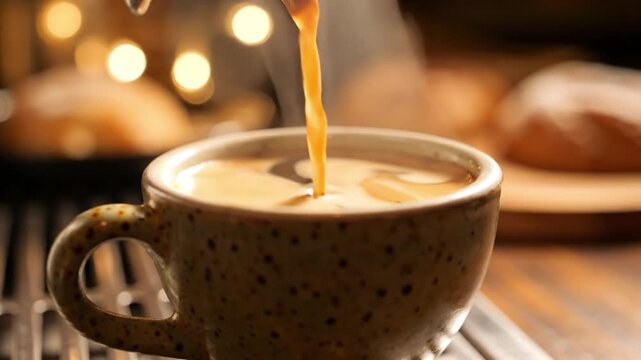 Coffee cup ceramic hot beverage brown breakfast morning drink pouring closeup caffeine fresh steam swirl warm rustic kitchen mug liquid aromatic foam relaxation energy refreshment cafe delicious hot