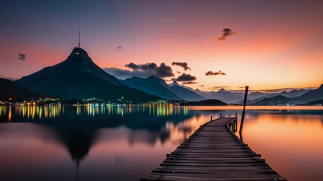 lake pier at sunset with mountains reflection