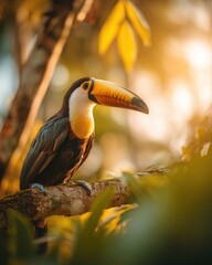 Fototapeta premium Colorful Toucan bird perched on a mossy branch in a tropical rainforest setting for nature editorial and wildlife conservation advertising with copy space
