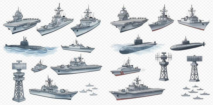Collection of military ships, submarines, and radar towers for naval defense and warfare.