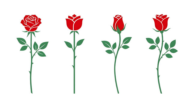 Minimalist Long Stem Red Rose Vector Set Solid Color Floral Illustration for Wedding and Luxury Branding