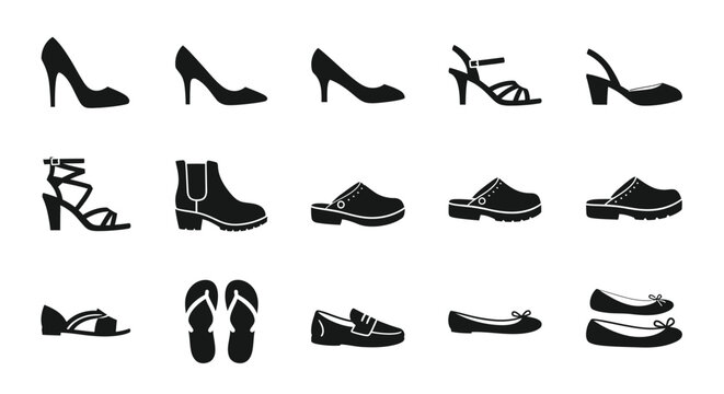 Elegant Footwear Collection: A stylish array of various footwear styles, including heels, sandals, and flats, presented in sleek, minimalist silhouettes for fashion inspiration.
