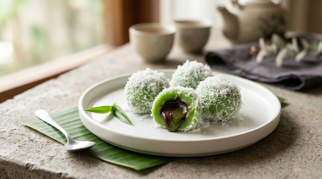 Traditional Indonesian klepon rice cakes with coconut on banana leaf plate