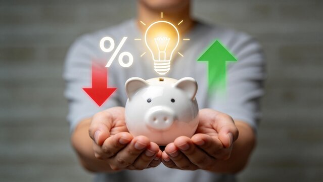Piggy bank in hands with lightbulb and arrows,interest rate increase and decrease concept for personal savings investment strategy and financial idea planning