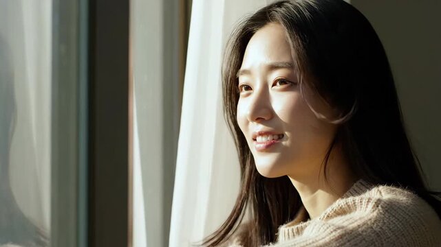 Beautiful Korean Woman Smiling While Looking Out the Window