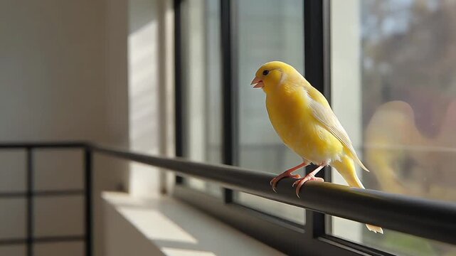 A charming yellow canary bird with bright feathers perches gracefully on a black railing against a sunlit window, embodying a peaceful domestic scene