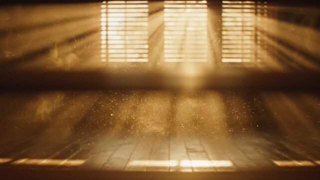 Sunlight dust window wooden floor warm glow interior morning peaceful atmosphere as golden rays stream through blinds, illuminating floating dust particles and casting tranquil, cozy, dreamy, serene