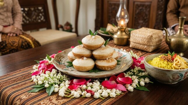 Traditional Malay festive dessert apam balik with floral decoration on wooden table