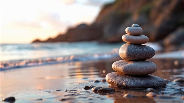 stacked stones on beach at sunset with waves and cliffs