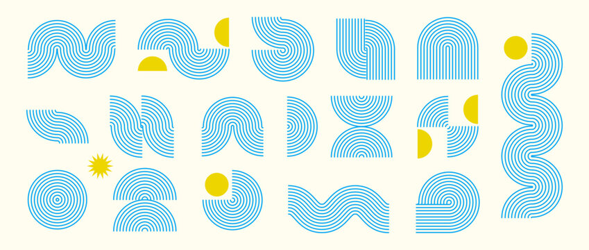 Blue boho line element collection. Bohemian decorative wave curve form set for badge, logo, card, poster, banner. Vector fresh wavy arc shapes. Mid century geometric lemon yellow arch zigzag objects