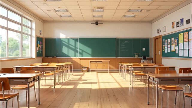 classroom empty sunlit interior with chalkboard and wooden desks